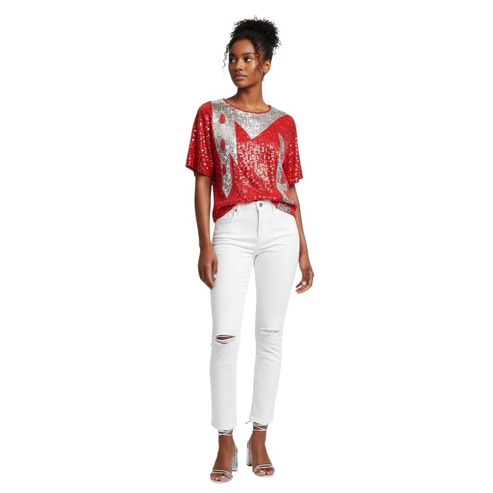 Size S/M Vintage Womens Sequins Top Red Silver Formal Maximalism Valentines Day